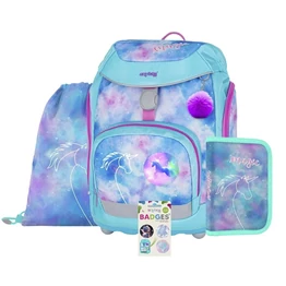 Iskolatáska szett OXY SHERPY 4 részes Unicorn tolltartóval, tornazsákkal és cserélhető matricával
