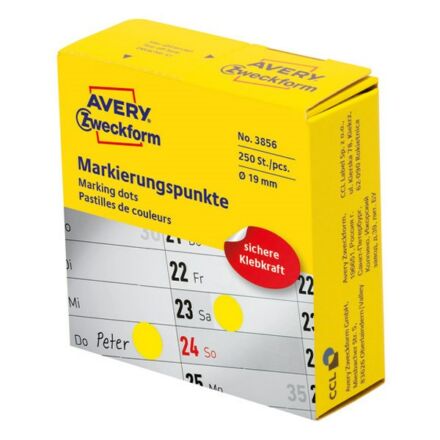 Etikett AVERY 3856 öntapadó jelölőpont adagoló dobozban sárga 19mm 250 jelölőpont/doboz