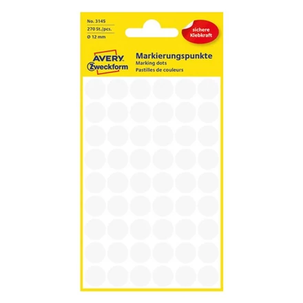 Etikett AVERY 3145 jelölőpont 12mm fehér 270 darabos