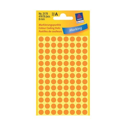 Etikett AVERY 3178 jelölőpont 8mm neon narancs 416 db/csomag