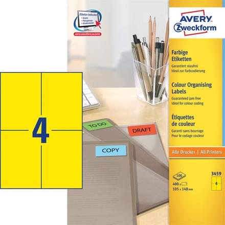 Etikett AVERY 3459 105x148mm univerzális sárga 400 címke/doboz 100 ív/doboz