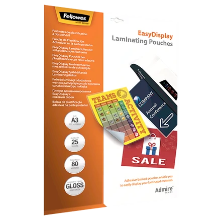 Lamináló fólia FELLOWES A/3 Admire Easy Display 80 mikron fényes öntapadó 25 darabos
