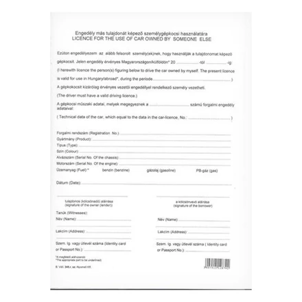 Nyomtatvány engedély más tulajdonát képező gépkocsi használatára VECTRALINE