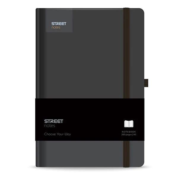 Notesz vonalas STREET Casual A/5 96 lapos gumis keményfedelű fekete