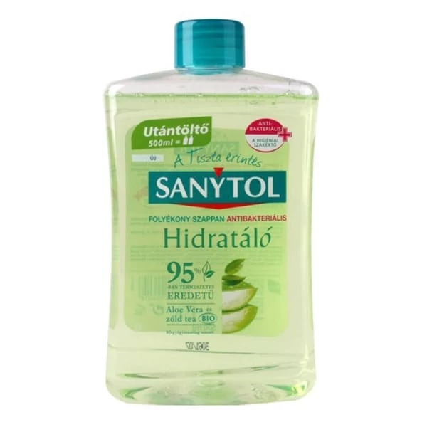 Folyékony szappan utántöltő SANYTOL antibakteriális zöld tea és aloe vera 500 ml