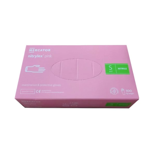 Gumikesztyű egyszer használatos nitril púdermentes pink S 7 100 darabos