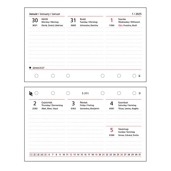 Gyűrűs kalendárium betét SATURNUS S311/F heti fehér lapos 2026.