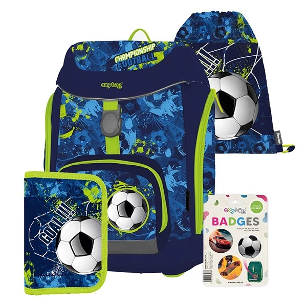 Iskolatáska szett OXY SHERPY 4 részes Football tolltartóval, tornazsákkal és cserélhető matricával