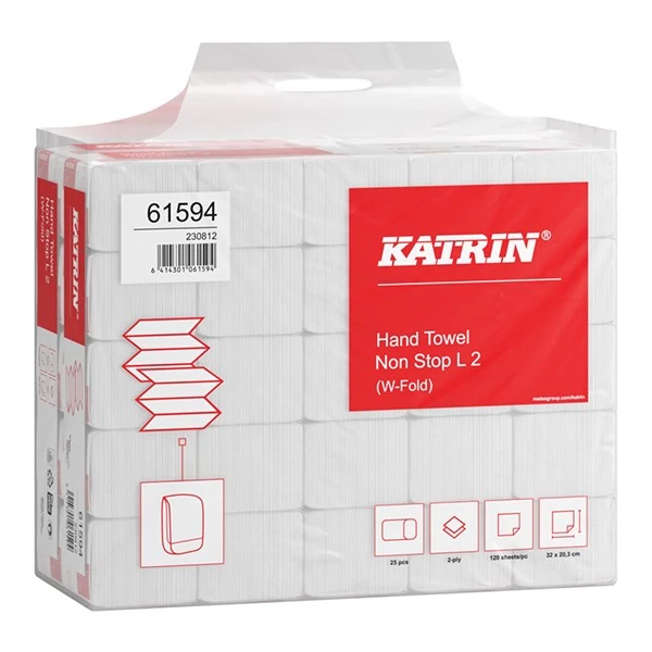 Kéztörlő hajtogatott KATRIN W Non Stop L2 32x20 cm 120 lap 2 rétegű fehér 25 csom/zsák