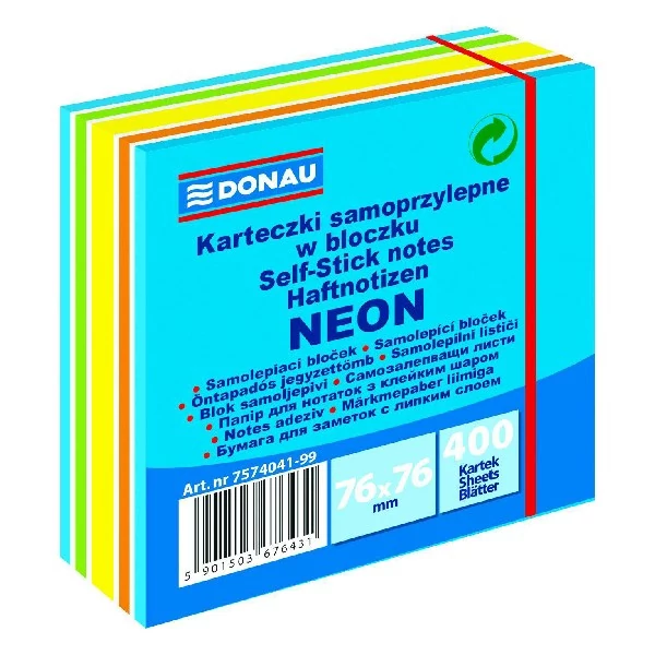 Öntapadós jegyzettömb DONAU 76x76 mm 400 lap vegyes neon színek kék