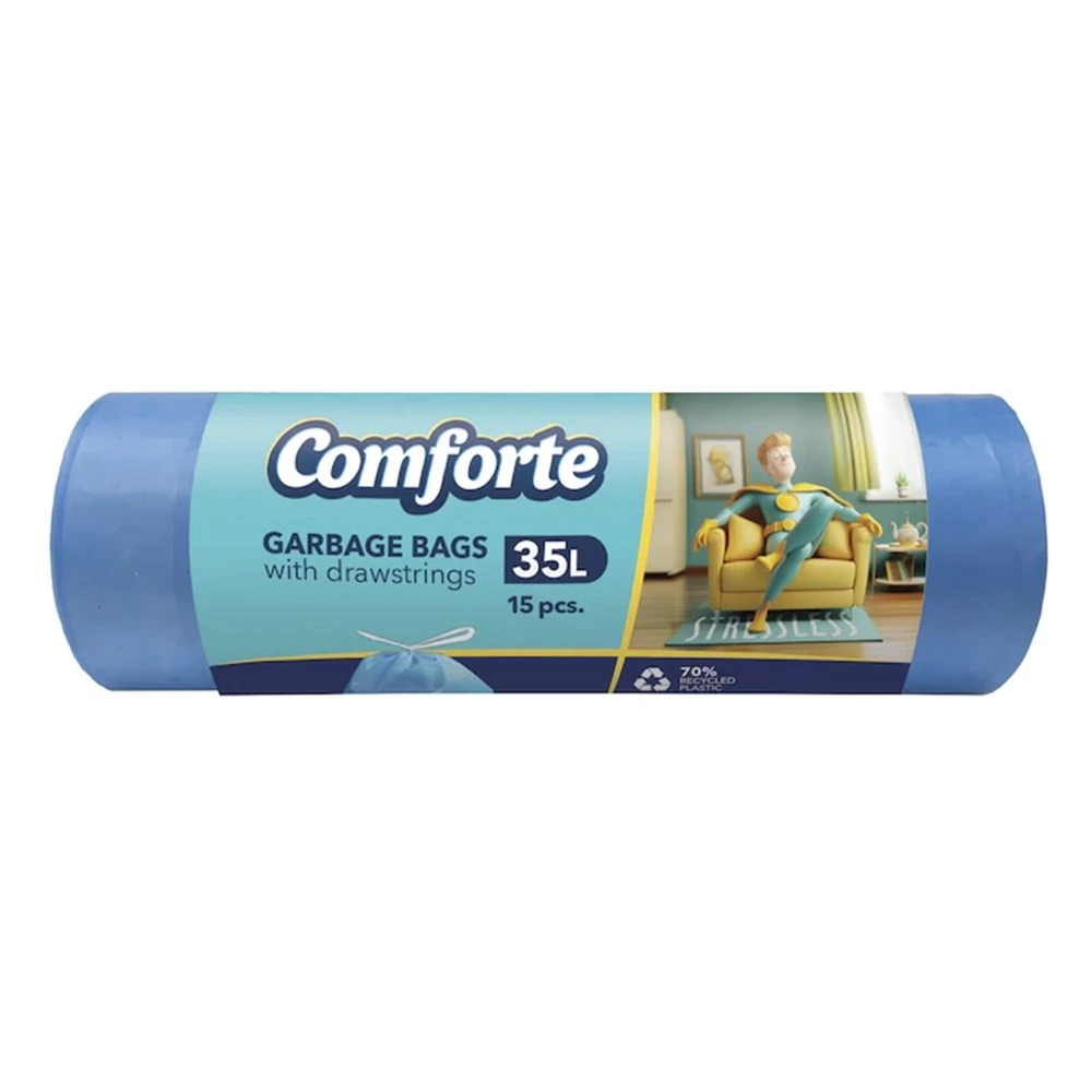 Szemeteszsák COMFORTE 35L kék zárószalagos 13 mikronos 15 darabos