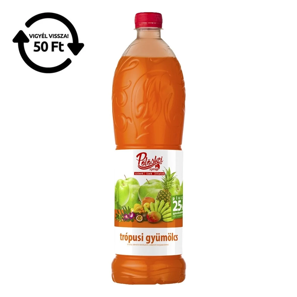 Szörp PÖLÖSKEI Syrup Trópusi gyümölcs cukorral és édesítőszerrel 25% gyümölcstartalommal 1L DRS